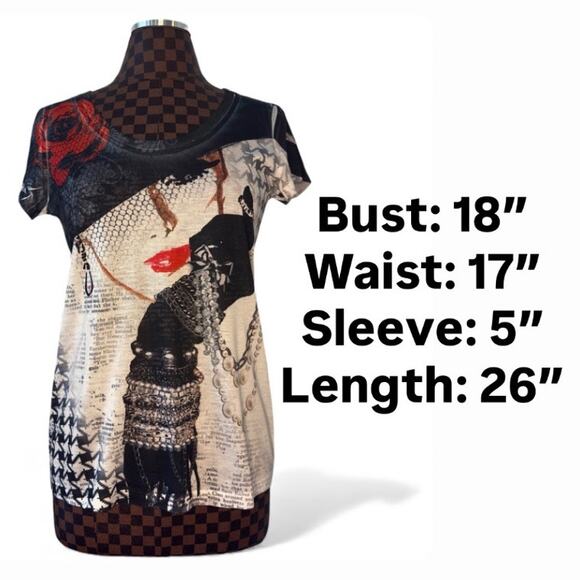 Vtg Y2K Cache AOP Graphic Tee Woman in Hat Size Medium Rhinestone Embellished - Picture 10 of 10